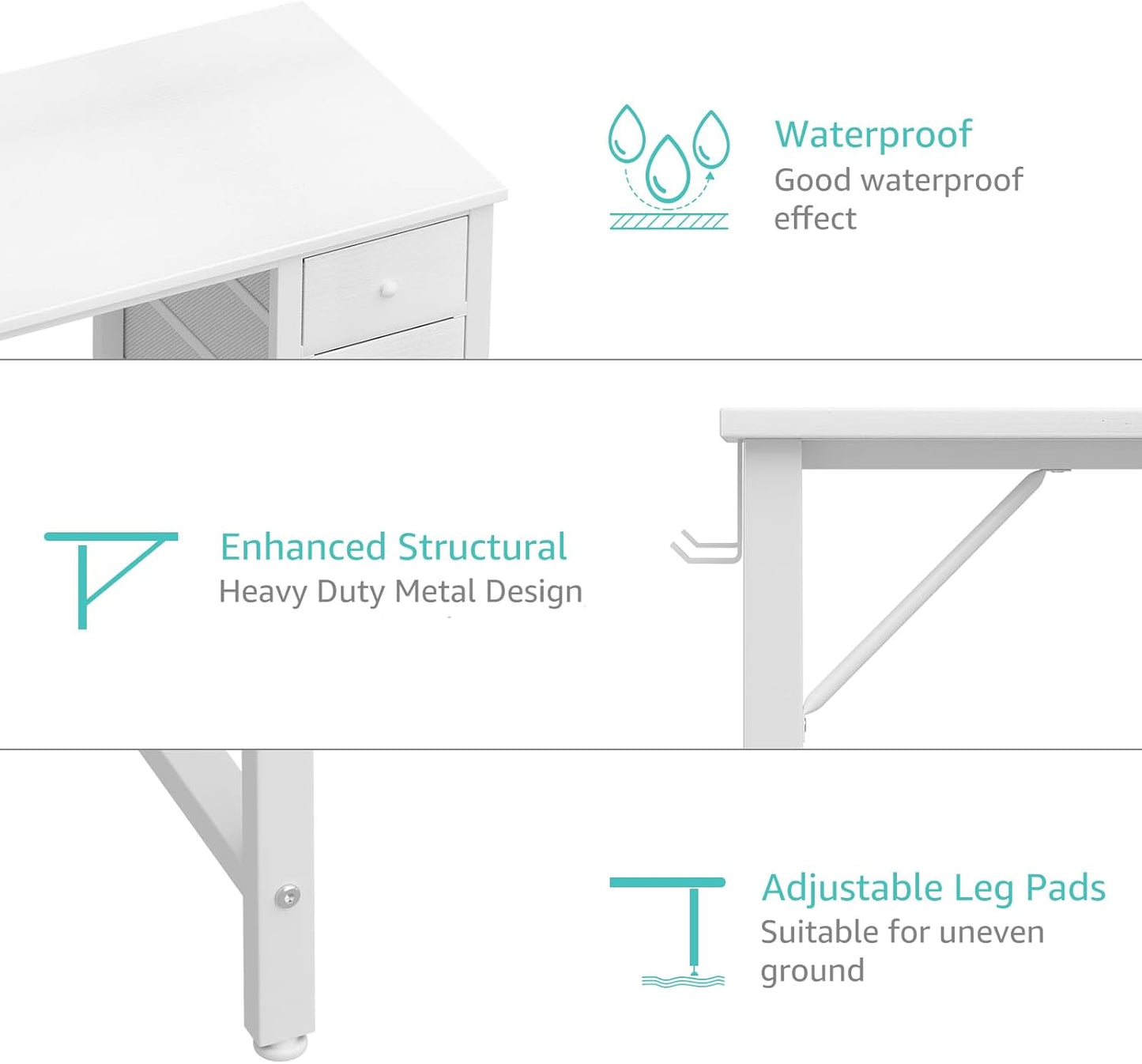 White Computer Desk with Drawers, 47 Inch Reversible Study Work Writing Desk for Home Office Bedroom, Simple Modern Cute PC Desks with Fabric Drawer, White