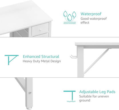 White Computer Desk with Drawers, 47 Inch Reversible Study Work Writing Desk for Home Office Bedroom, Simple Modern Cute PC Desks with Fabric Drawer, White