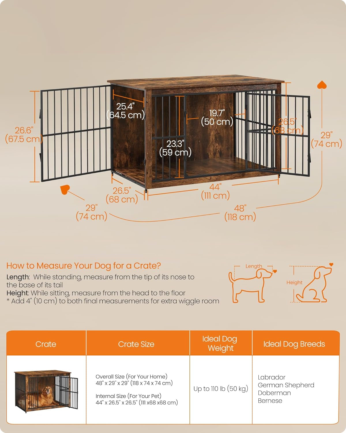 Wooden Dog Crate Furniture, 48 Inches Heavy-Duty Kennel for Dogs up to 110 Lb, with Double Doors and Enclosed Wood Base, Modern Pet Cage End Table Indoor, Rustic Brown