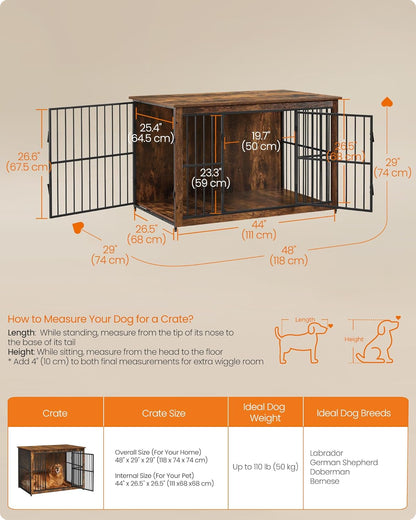Wooden Dog Crate Furniture, 48 Inches Heavy-Duty Kennel for Dogs up to 110 Lb, with Double Doors and Enclosed Wood Base, Modern Pet Cage End Table Indoor, Rustic Brown