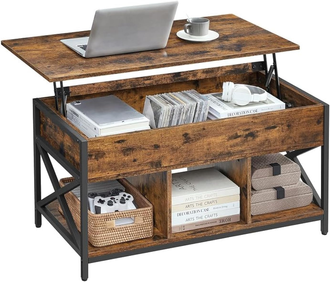 Lift Top Coffee Table, Lift Coffee Table with Storage Shelf, Hidden Compartments and Lifting Top, for Living Room, Office, 19.7 X 39.4 X (19.3-24.4) Inches, Black with Wood Grain ULCT202B22
