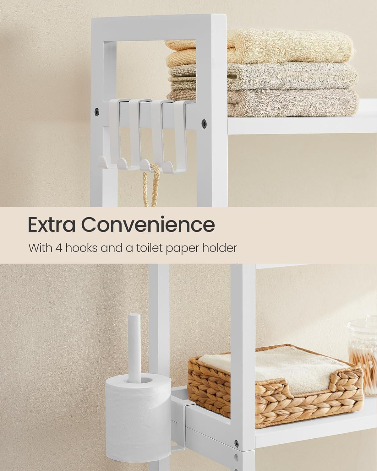 over the Toilet Storage, 4-Tier over Toilet Bathroom Organizer with Adjustable Shelves, 26 X 83 X 185 Cm, Space-Saving, Cloud White UBTS017W01