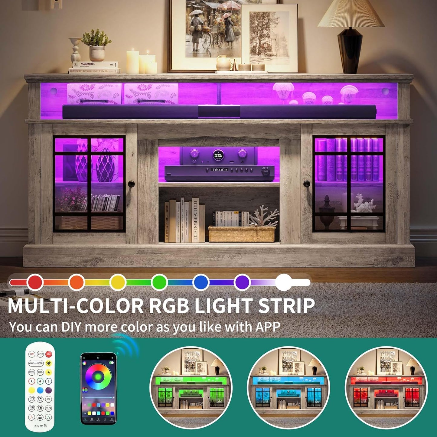 Modern TV Stand for 75 Inch TV, LED Entertainment Center with Adjustable Shelves and Glass Doors, 32'' Tall Television Stands TV Media Console Table for Living Room, Pine Grey