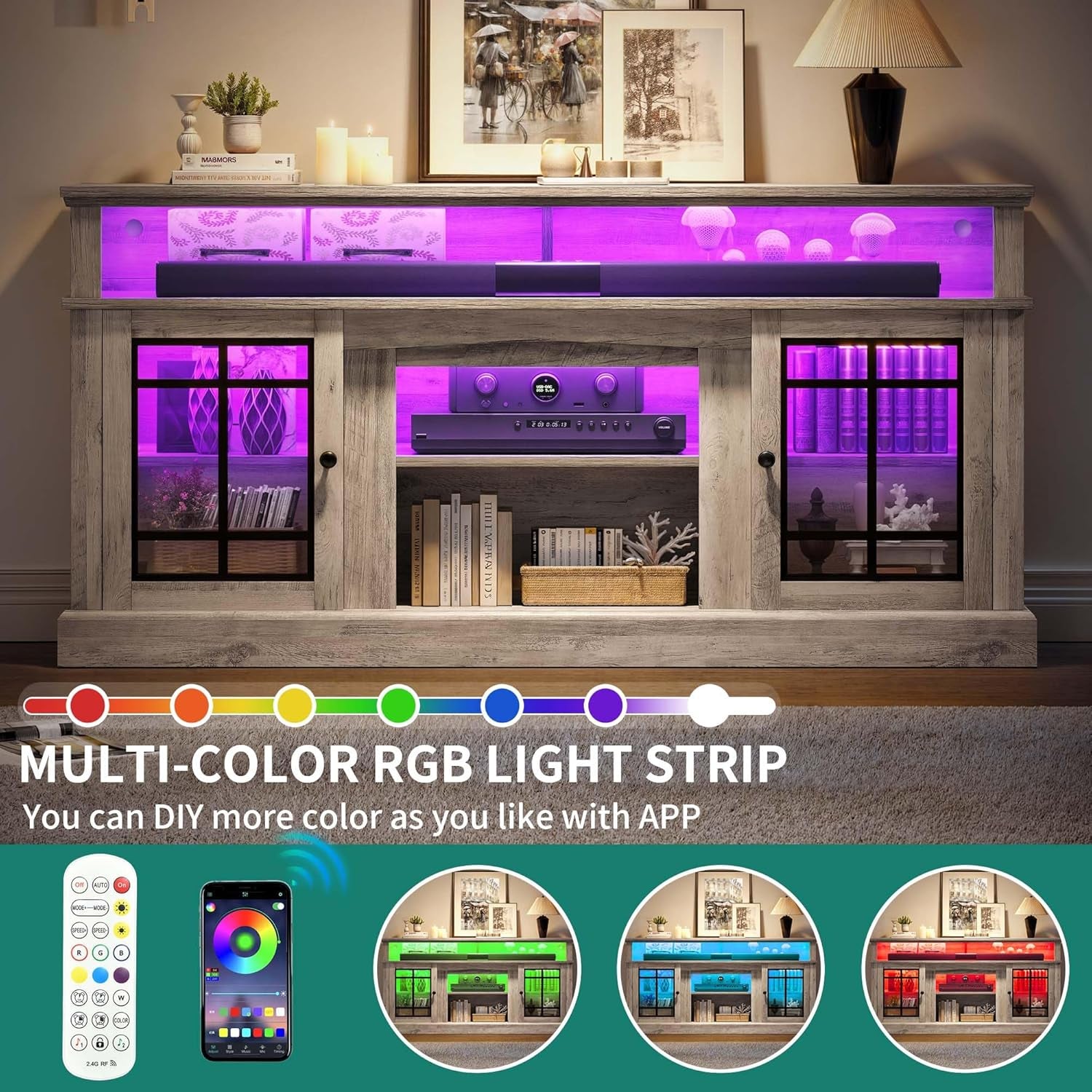 Modern TV Stand for 75 Inch TV, LED Entertainment Center with Adjustable Shelves and Glass Doors, 32'' Tall Television Stands TV Media Console Table for Living Room, Pine Grey