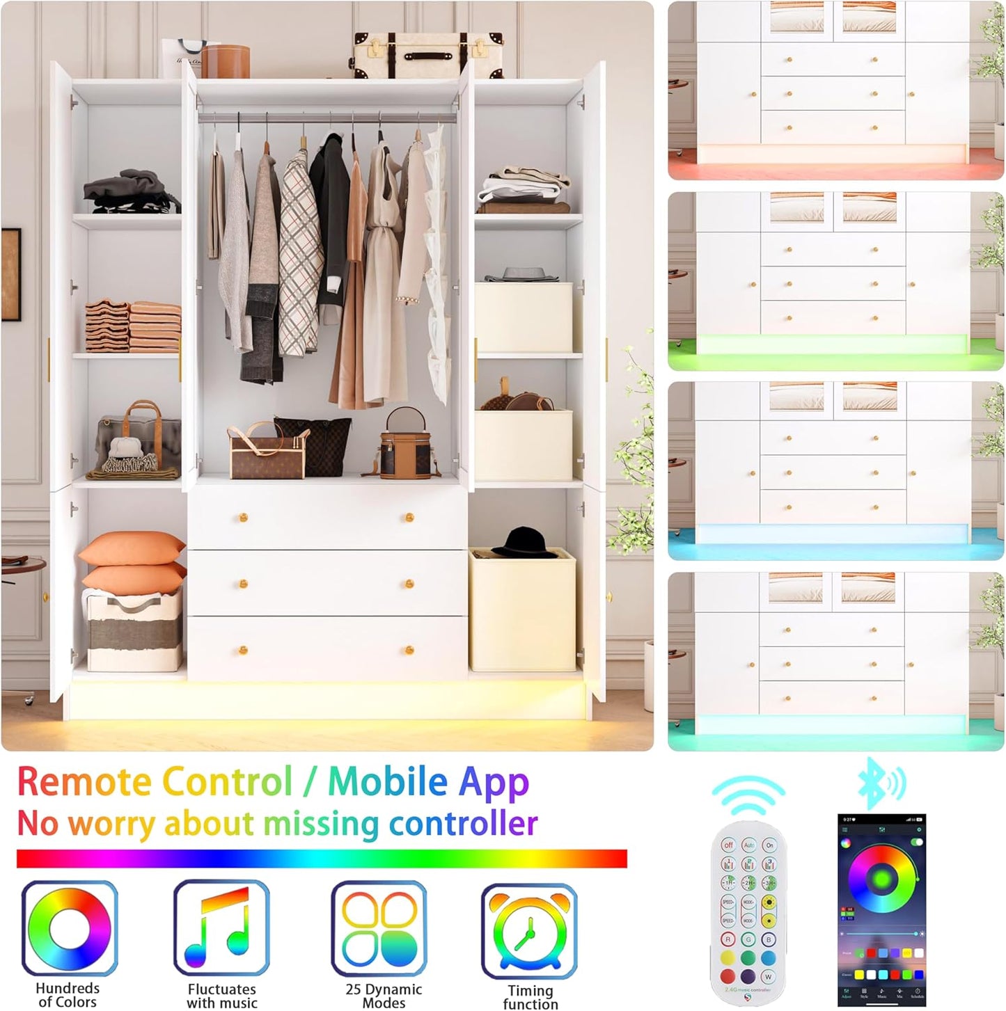 75" Tall 4 Doors Armoire Wardrobe Closet with 3 Drawers, Wooden Wardrobe Cabinet with LED Lights & Mirror, Freestanding Clothing Storage Cabinet with Hanging Rod, Adjustable Shelves