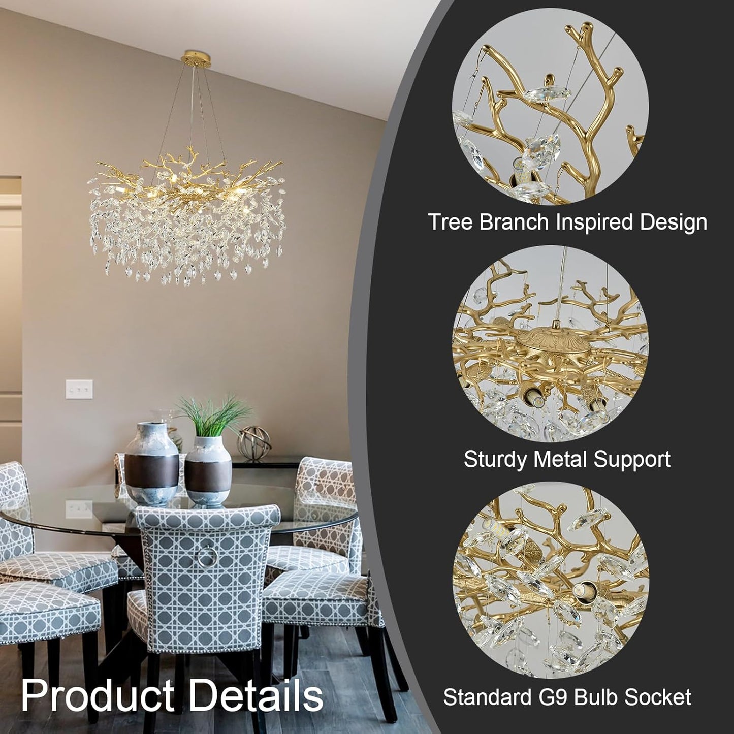 31.5" Modern Crystal Chandeliers for Dining Room,Gold Crystal Tree Branches Chandelier, round Dining Room Chandelier over Table, Chandeliers for Living Room, Entryway,Foyer