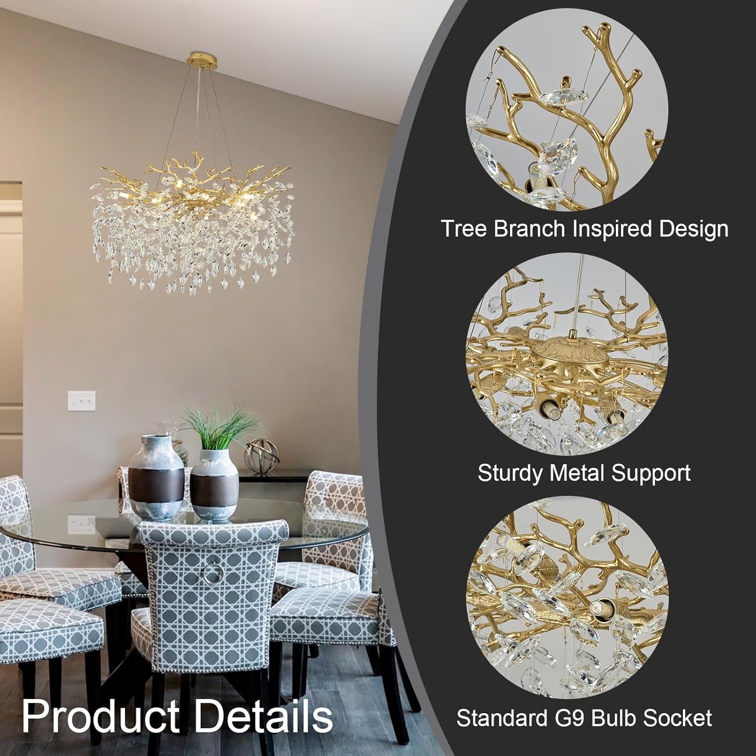 31.5" Modern Crystal Chandeliers for Dining Room,Gold Crystal Tree Branches Chandelier, round Dining Room Chandelier over Table, Chandeliers for Living Room, Entryway,Foyer
