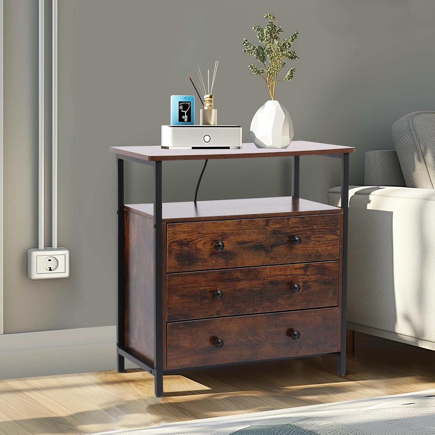 3 Wooden Drawers Night Stand, 27 Inch Wide Nightstand with Charging Station and Adjustable Drawers, Small Dresser for Closet, Bedside Table for Living Room/Bedroom/Office, Retro Brown.