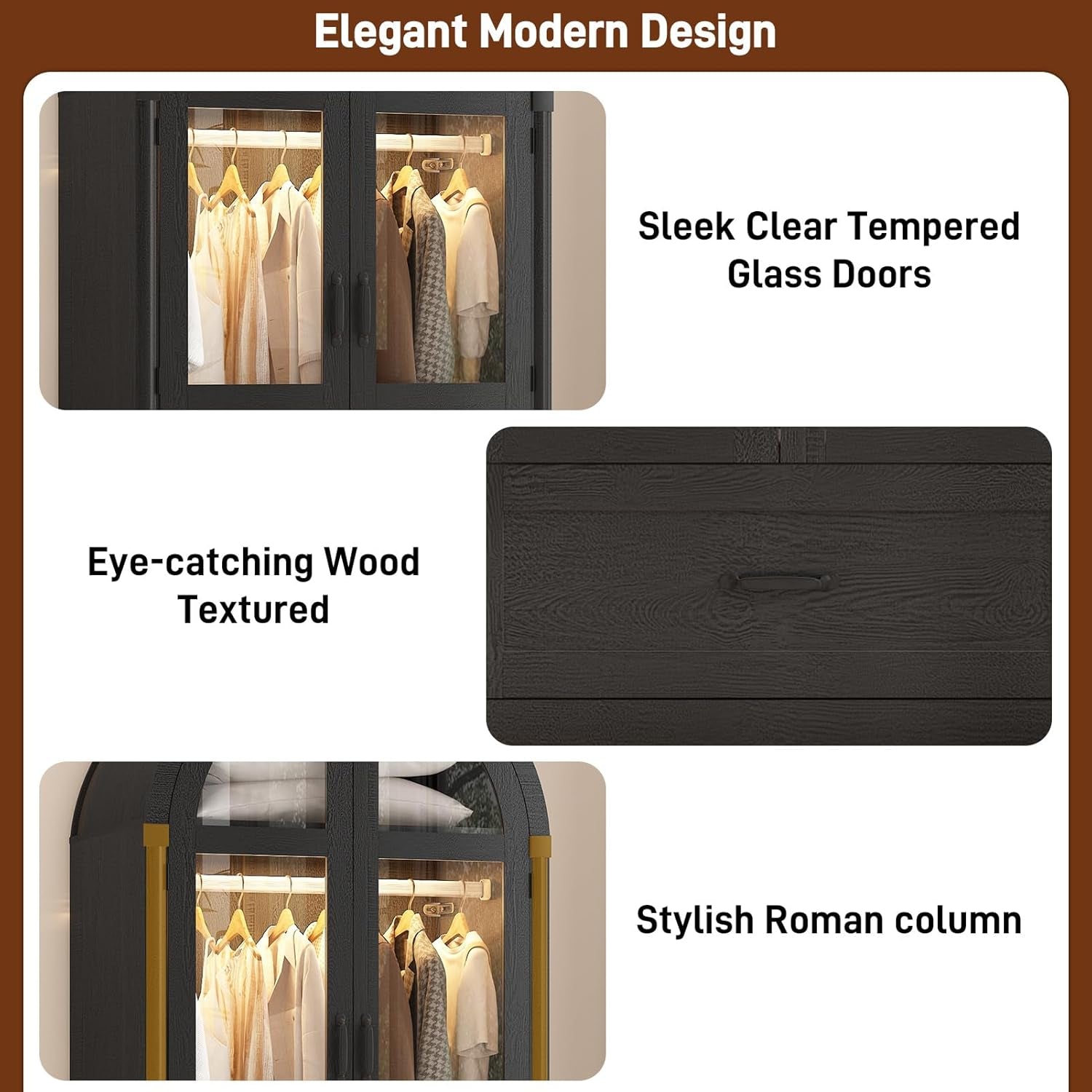 2 Doors Arched  W/Drawers,Led Light,Wooden Closet Wardrobe Cabinet with Hanging Rod for Bedroom,Modern Armoire Storage Cabinet W/Shelf,Black