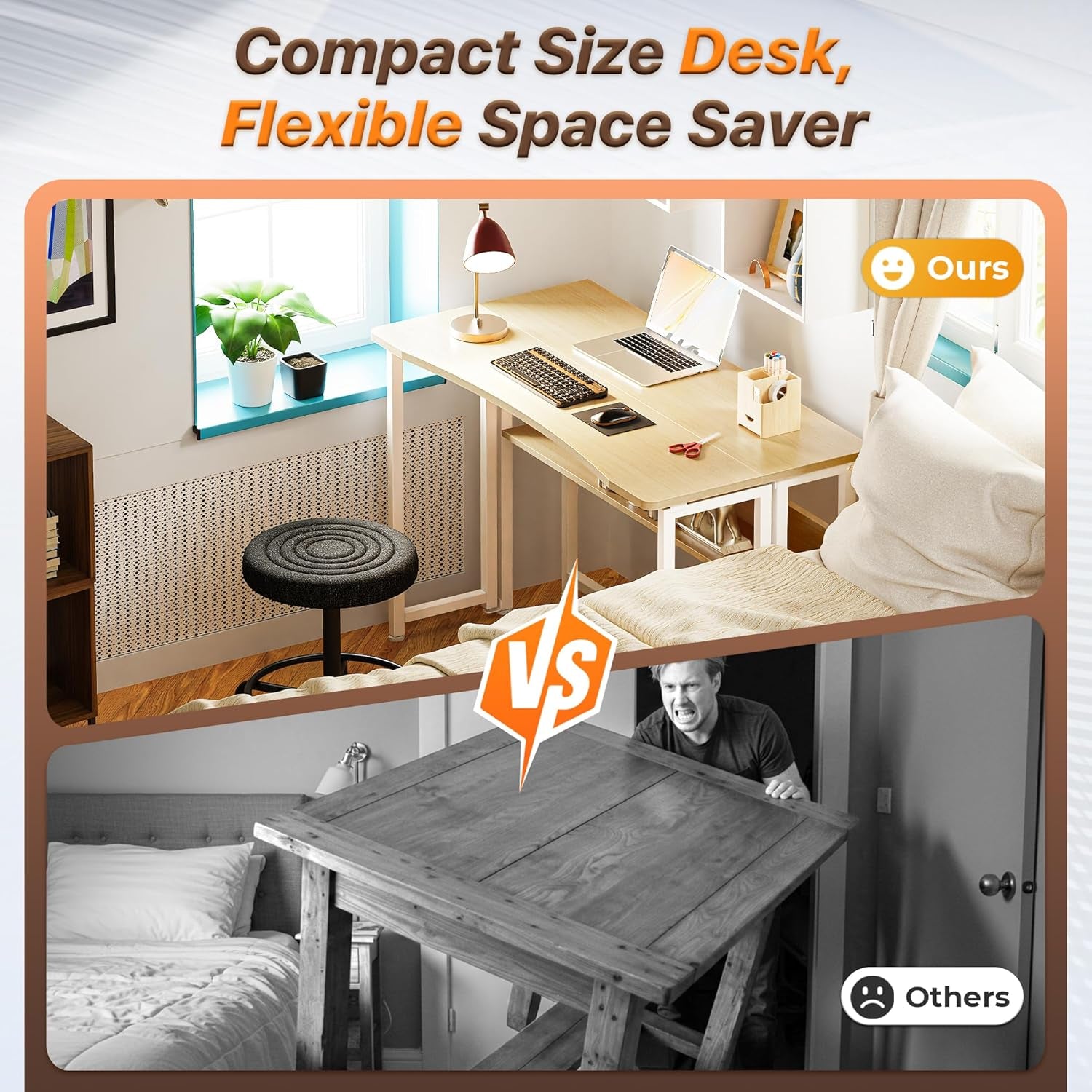 Folding Desk with Storage Shelf, 39.3 Inch Foldable Computer Table for Small Spaces, Space Saving Sofa Table for Couch, Writing Work Office Computer Desk, Easy to Fold, Oak