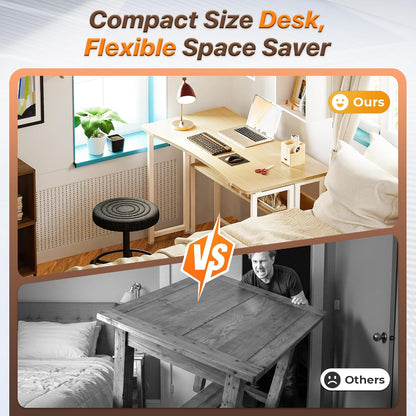 Folding Desk with Storage Shelf, 39.3 Inch Foldable Computer Table for Small Spaces, Space Saving Sofa Table for Couch, Writing Work Office Computer Desk, Easy to Fold, Oak