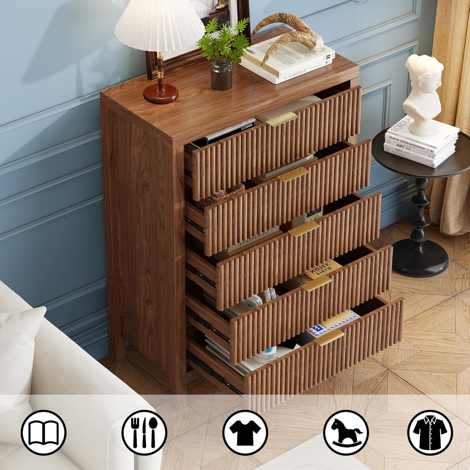 Dresser for Bedroom with 5 Storage Drawers, Storage Dresser Organizer with Wood Top, Nightstand Furniture with Wide Drawer Organizer in Living Room,Closet,Entryway,Hallyway Walnut Oak