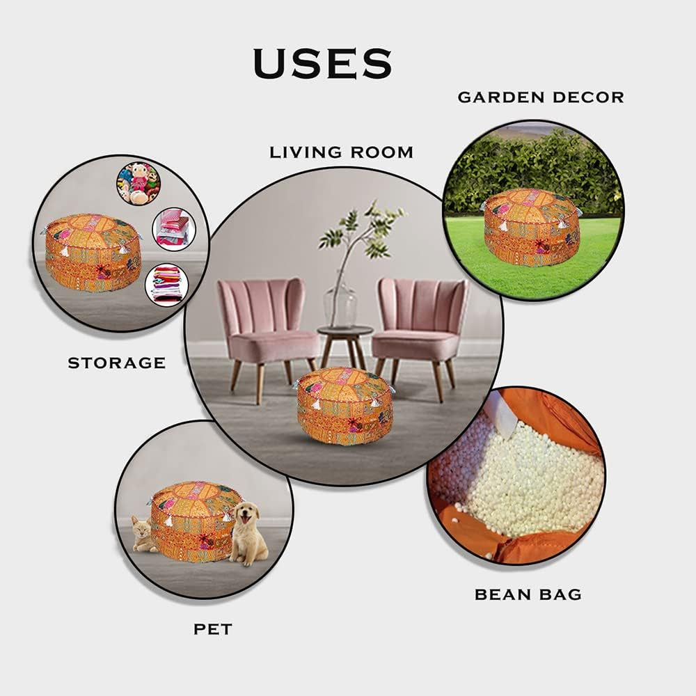 Indian Pouf Footstool Ethnic Embroidered Pouf Cover, Indian Cotton round Pouffe Ottoman Pouf Cover Pillow Ethnic Decor Art - Cover Only (Orange, 22X14)