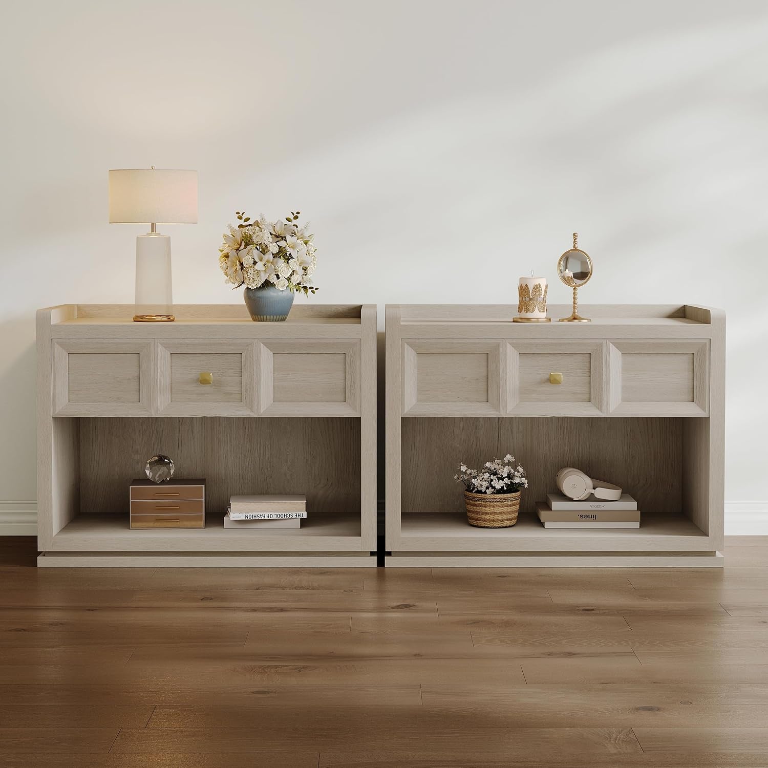 31" Wide Nightstands Set of 2, Large Night Stands with Drawer, Oversized King Size Nightstand Bedside Table for Bedroom, Farmhouse End Side Table Set of 2 with round Corners,Grey White Oak