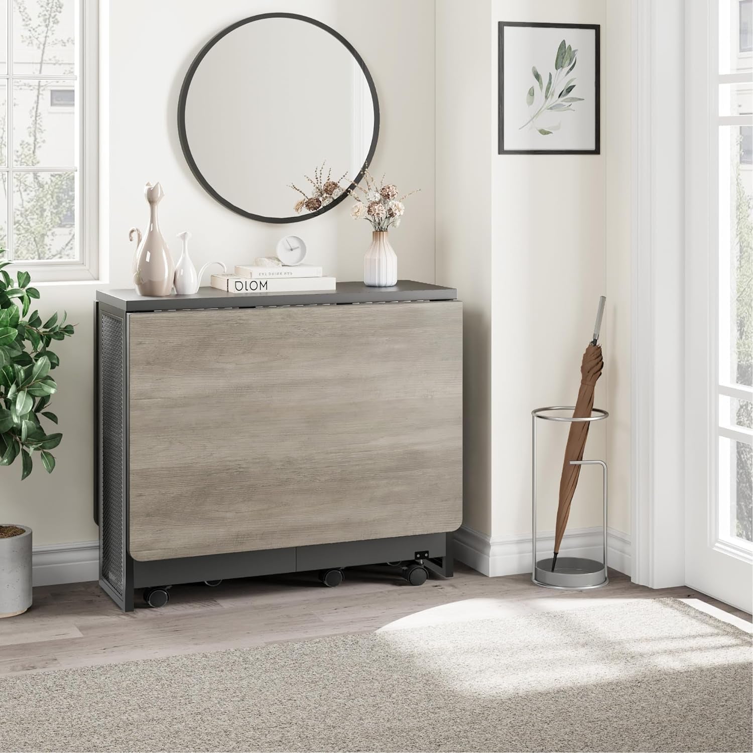 Folding Dining Table, Space Saving Farmhouse Dining Table for 4 Storage Shelf, 6 Wheels Multipose Expandable Kitchen Drop Leaf Table for Small Space (Carlo Grey, 50.1"D X 31.4"W X 29.5"H)