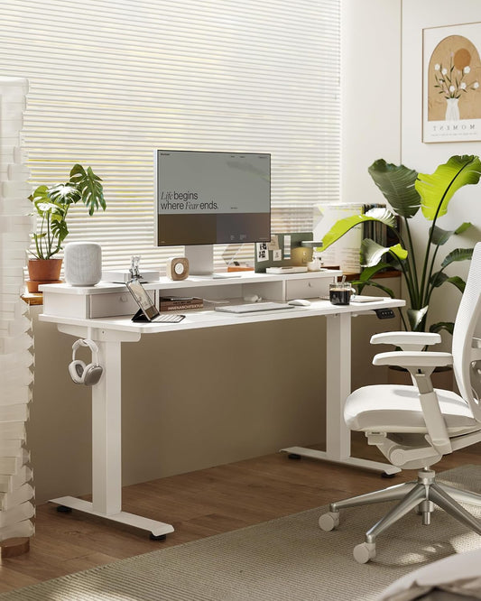 40 X 24 Inch Height Adjustable Electric Standing Desk with Double Drawer, Stand up Home Office Computer Desk with 4 Height-Adjustable Feets & 2 Hooks, White