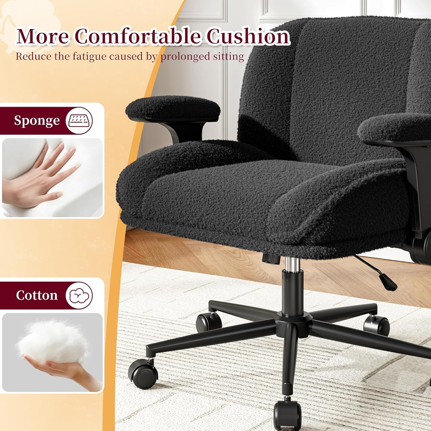 Cross Legged Office Chair with Flip-Up Arms,Wide Criss Cross Chair with Wheels,White Vanity Chair with Extra-Deep Seat Thickened for Home Office,Vanity, Apartment Dorms,Plush Cushion,Comfy