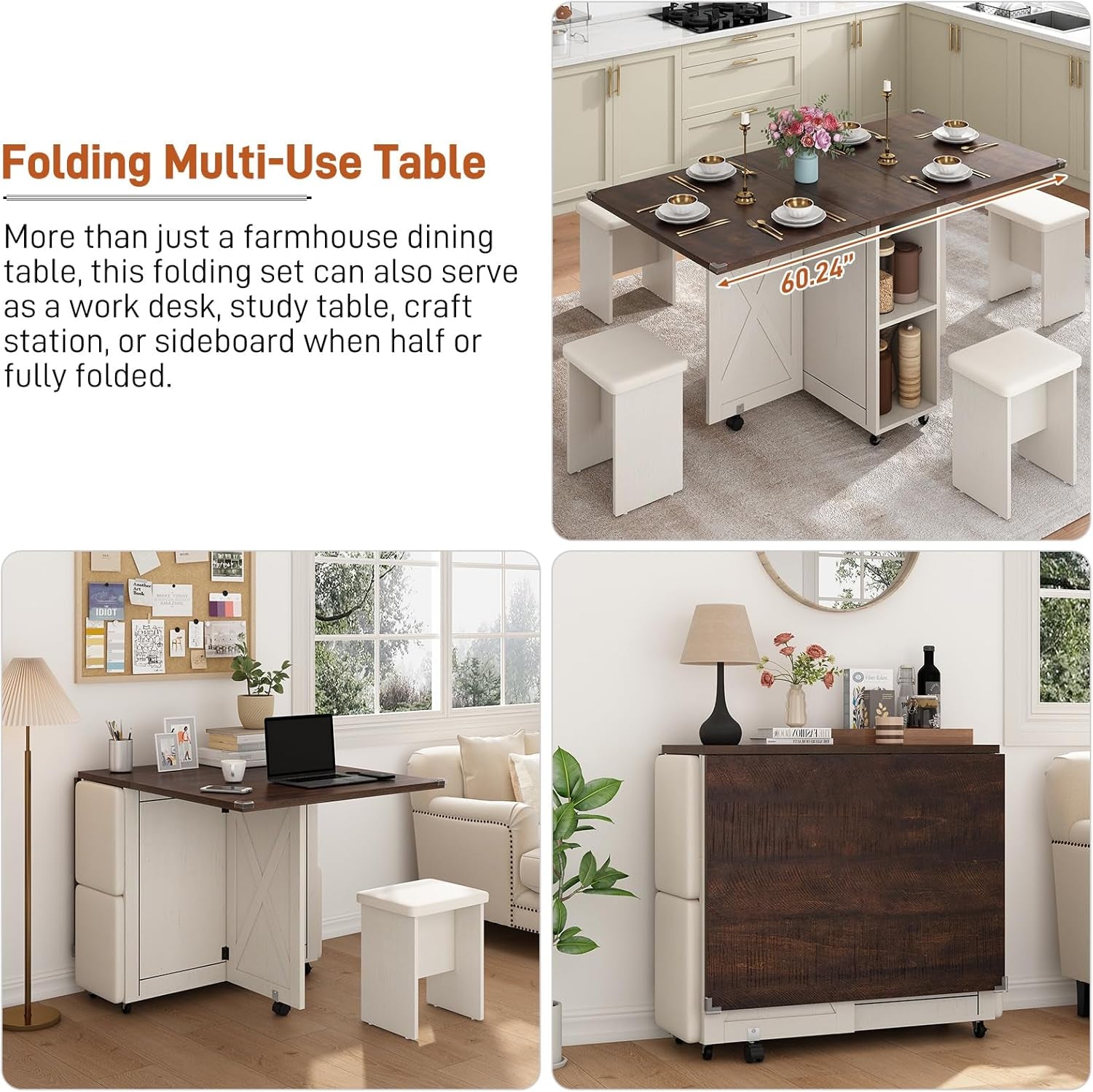 5 PCS Farmhouse Dining Table Set for 4,60" Large Folding Dining Table Set W/ 4 Leather Chairs, Drop Leaf Foldable Kitchen Table for Small Spaces,Barn Door Design,6 Wheels,2-Layer Storage Shelf,Brown