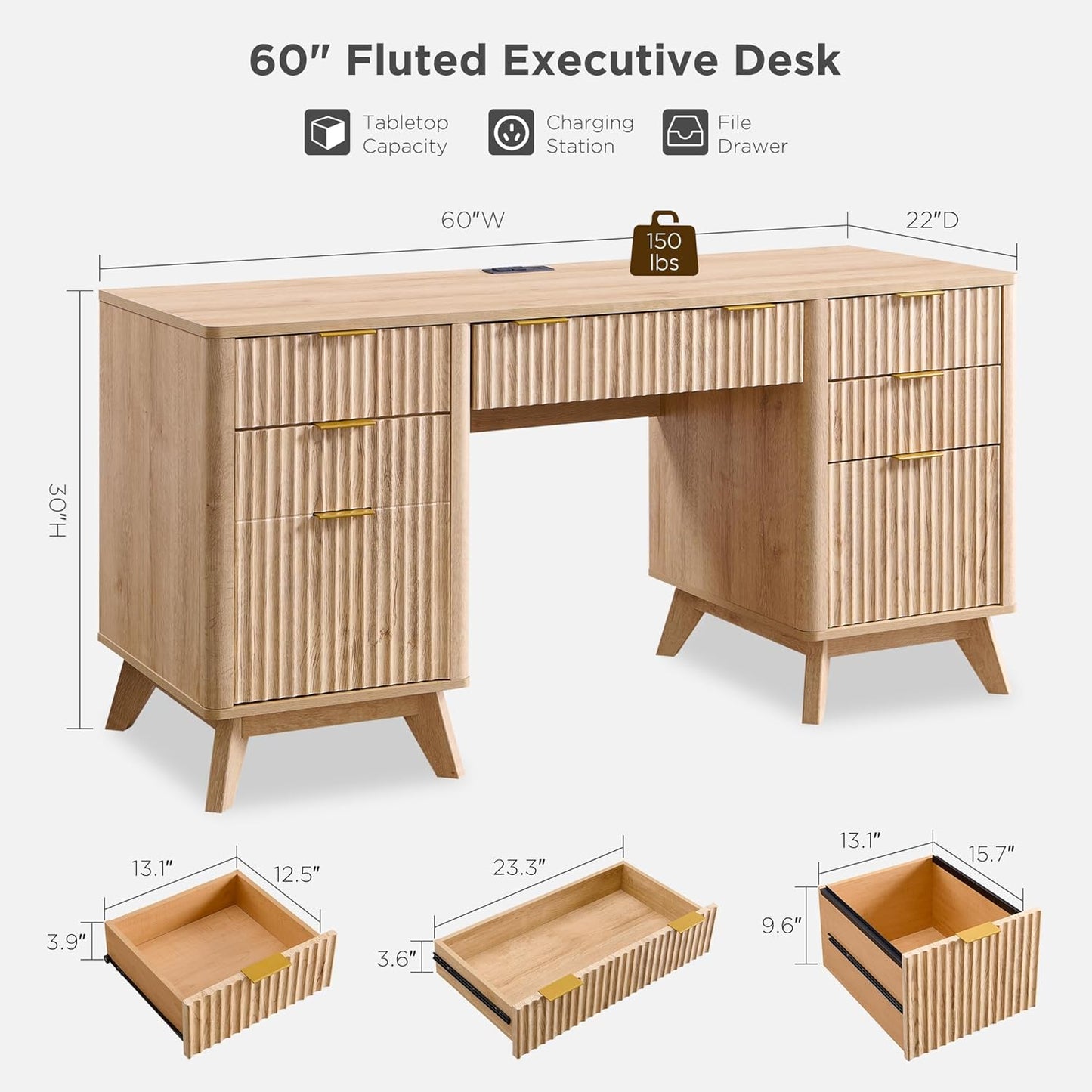 Fluted Executive Desk with Drawers, 60" Modern Home Office Computer Desk with Charging Station, File Cabinet, Keyboard Tray and Storage Cabinet for Study, Living Room, Bedroom, Natural Oak