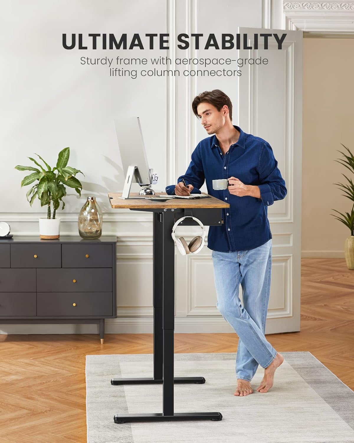 Electric Standing Desk with Keyboard Tray, 44X24 Inches Adjustable Height Sit Stand up Desk, Home Office Desk Computer Workstation, Vintage Brown