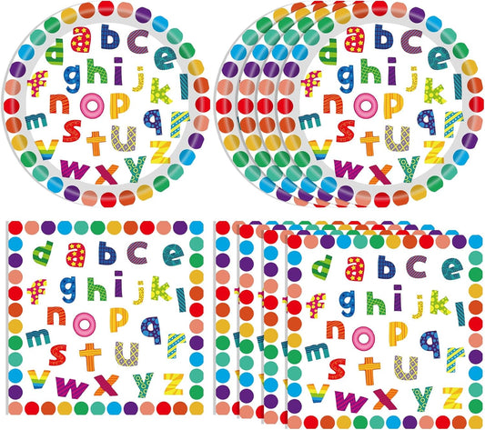 40PCS Alphabet Number Party Supplies Rainbow Alphabet Disposable Party Decor Included Alphabet Plates Napkins Back to School Decorations for Baby Shower Kids Birthday Alphabet Number Games