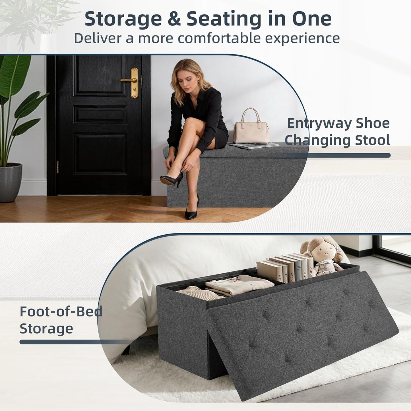 Foldable Storage Ottoman Bench, Storage Chest, End of Bed Foot Rest Stool with Padded Seat, 43 Inch Bedroom Bench for Living Room, Support 660Lbs, Grey