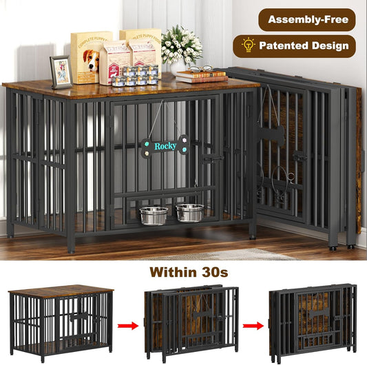 41" Dog Crate Furniture Foldable, No Assembly Decorative Dog Kennel Indoor, Dog Crates for Large Dogs(35-60 Lb), Wooden Dog Cage with Adjustable Bowls and Name Tag, End Table, Rustic Brown