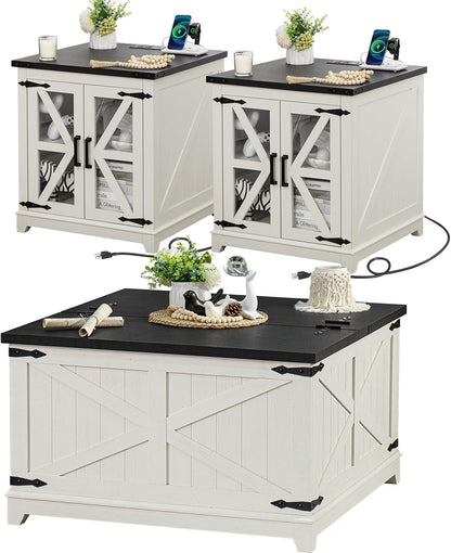 Farmhouse Coffee Table Sets 3 Pieces, Large End Side Tables with Charging Station and Coffee Table with Hidden Storage Compartment, White Living Room Table Set, Wood Furniture Sets for Home Office