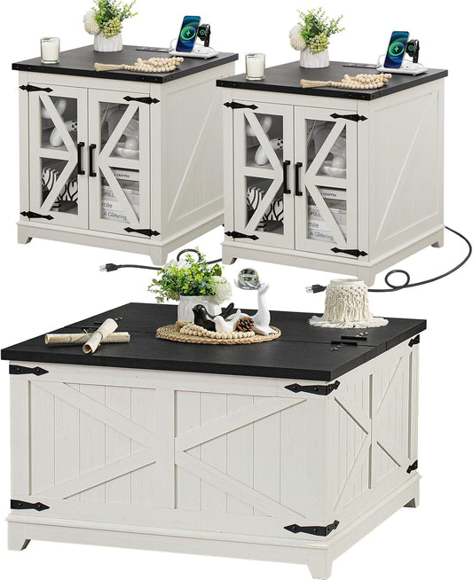 Farmhouse Coffee Table Sets 3 Pieces, Large End Side Tables with Charging Station and Coffee Table with Hidden Storage Compartment, White Living Room Table Set, Wood Furniture Sets for Home Office