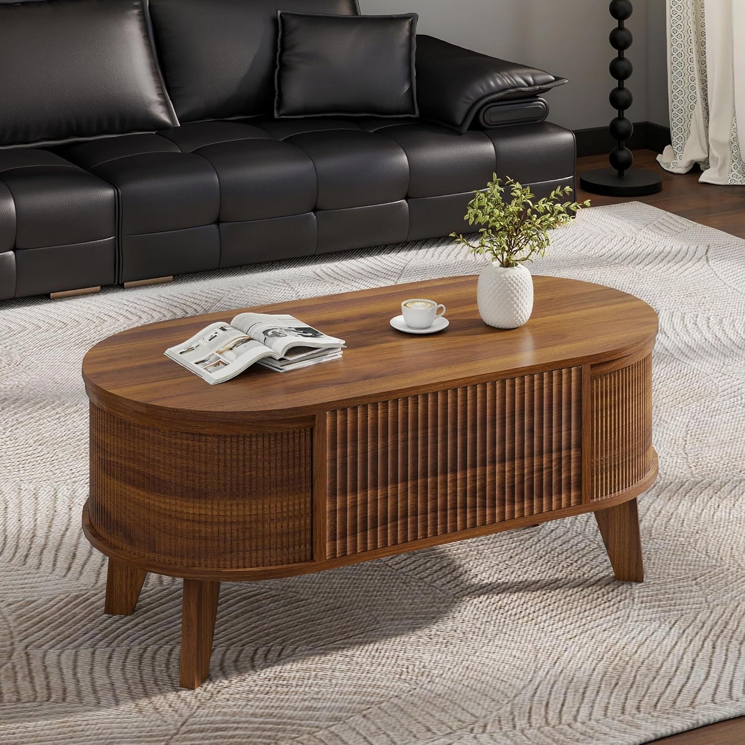 Fluted Lift Top Coffee Table with Storage,Modern Oval Coffee Table for Living Room or Home Office（Walnut）