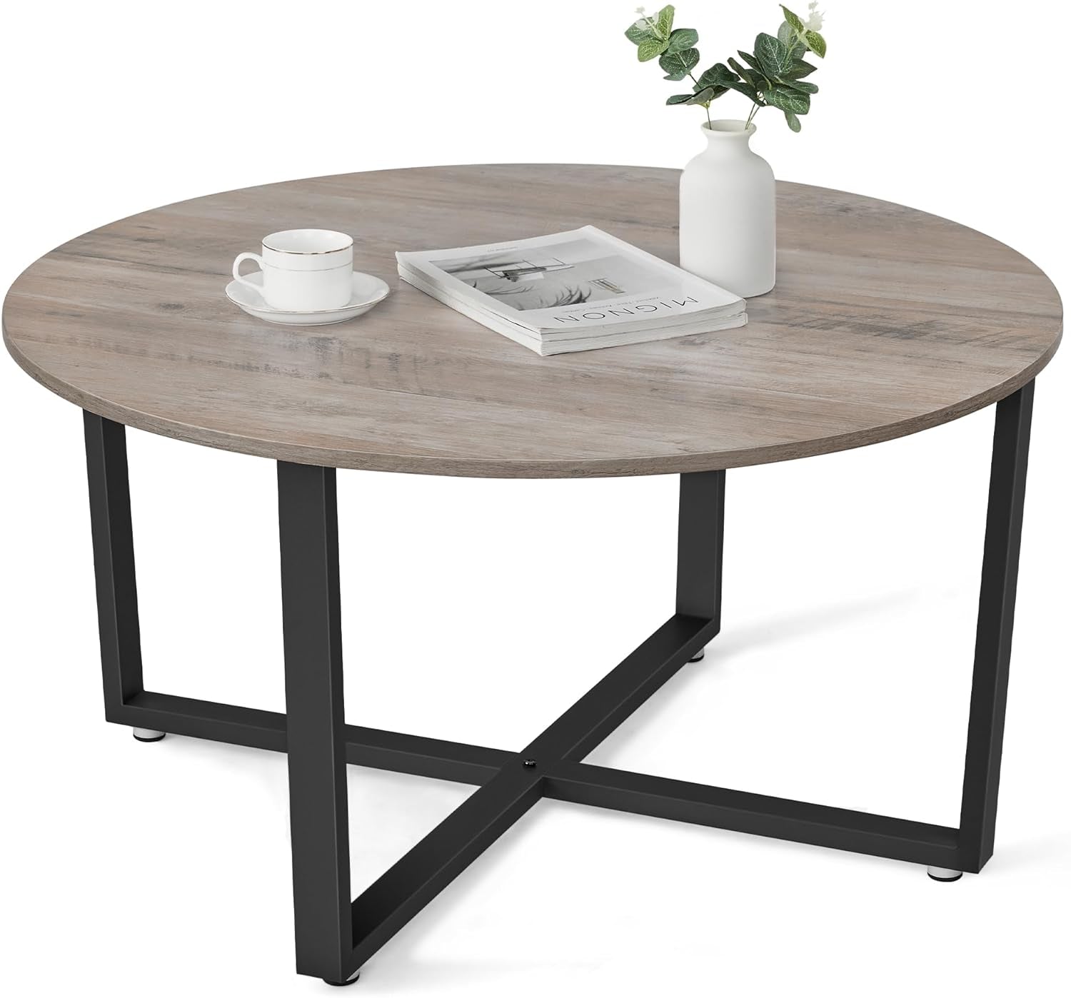 ALINRU round Coffee Table, Industrial Style Cocktail Table, Durable Metal Frame, Easy to Assemble, for Living Room, Heather Greige and Black ULCT088B02