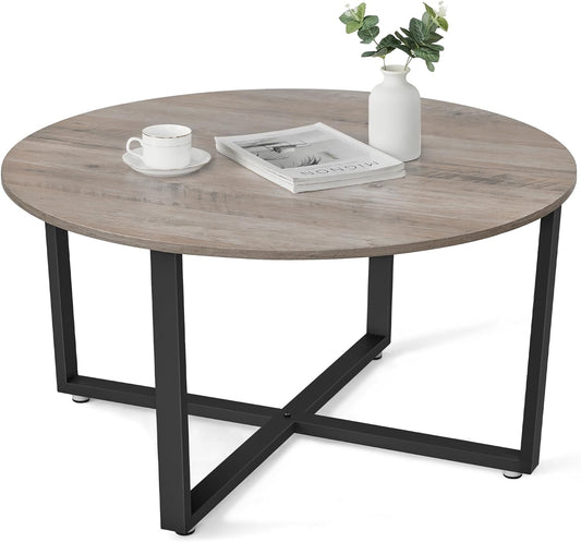 ALINRU round Coffee Table, Industrial Style Cocktail Table, Durable Metal Frame, Easy to Assemble, for Living Room, Heather Greige and Black ULCT088B02