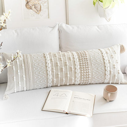Cream Decorative Lumbar Throw Pillow Cover 14X36 Boho Long Cushion for Bed Neutral Beige White Accent Modern Farmhouse Pillowcase for Bedroom Living Room Couch Sofa Home Décor Cover ONLY