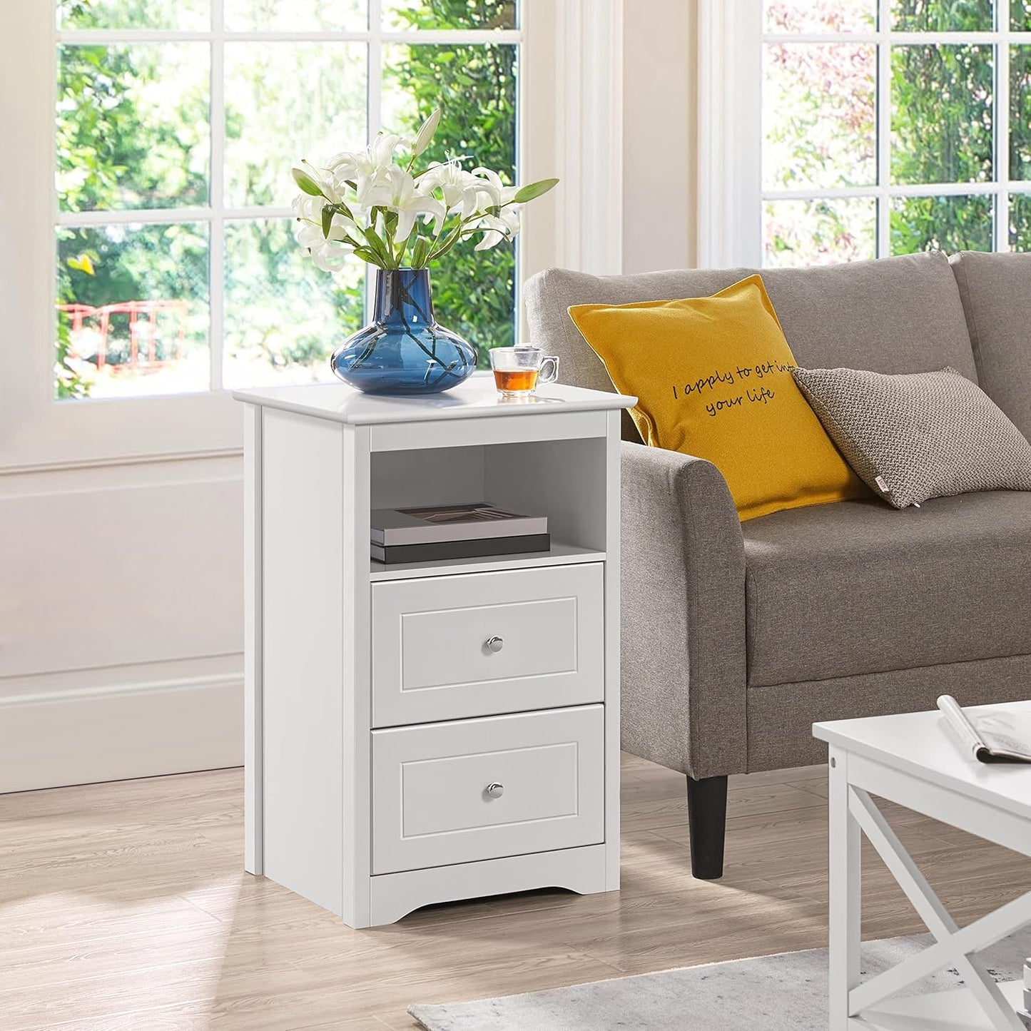 Nightstand with 2 Drawer and 1 Open Shelf, 29" Tall Bedside Table Wooden Flie Cabinet Telephone Table Bed Side Table with Storage for Bedroom White