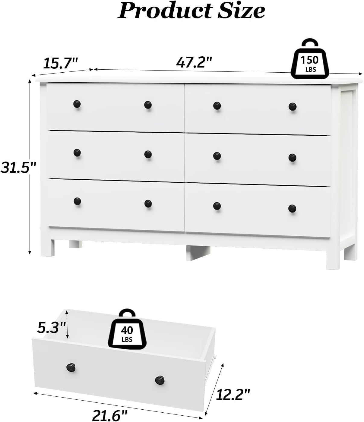 White Dresser, Modern 6 Drawer Double Dresser for Bedroom with Black Knobs, Adults & Kids Wide Dressers & Chests of Drawers for Hallway, Entryway