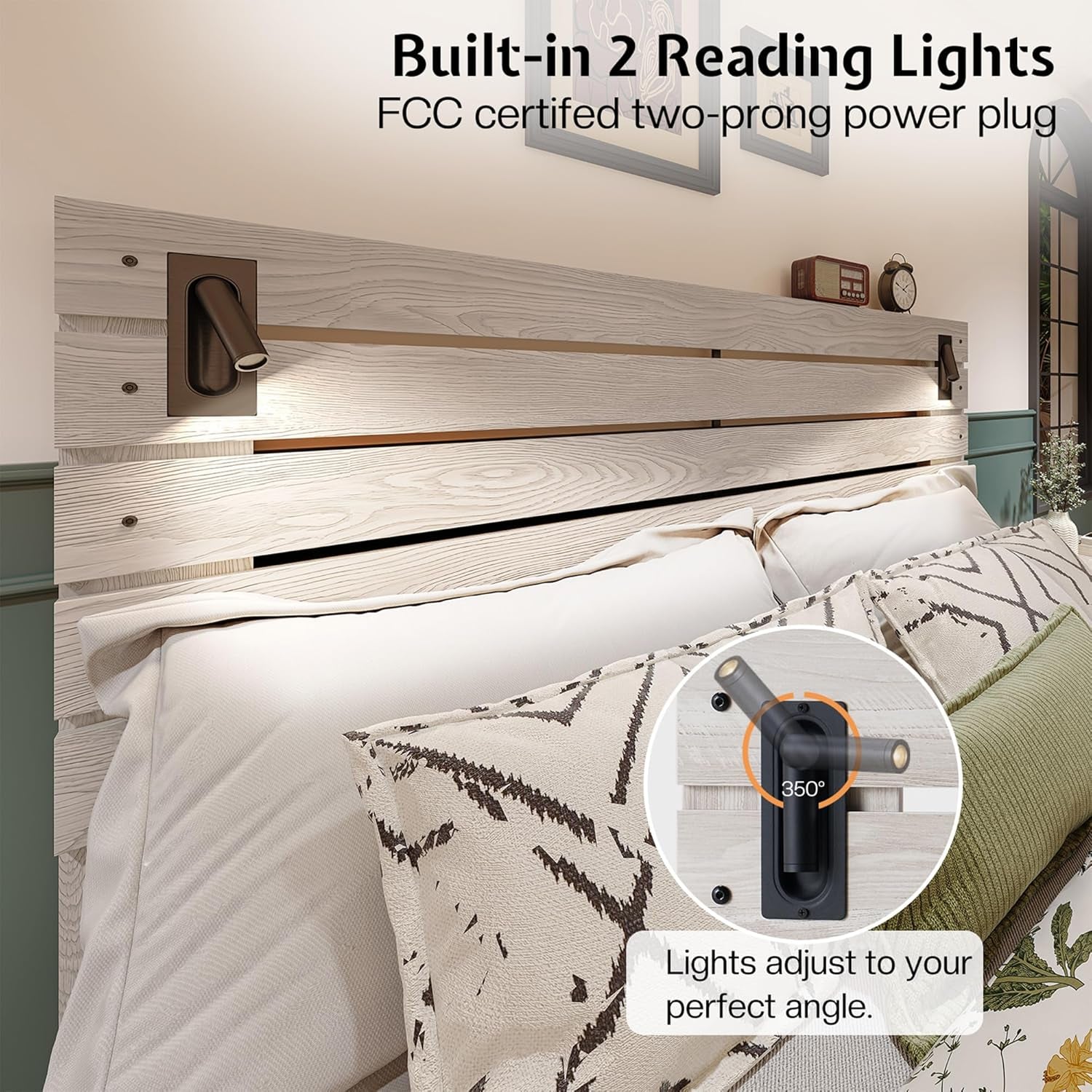 King Size Farmhouse Bed Frame with 51" Headboard, LED Lights, Rustic Wood Look, No Box Spring Needed, Ash White