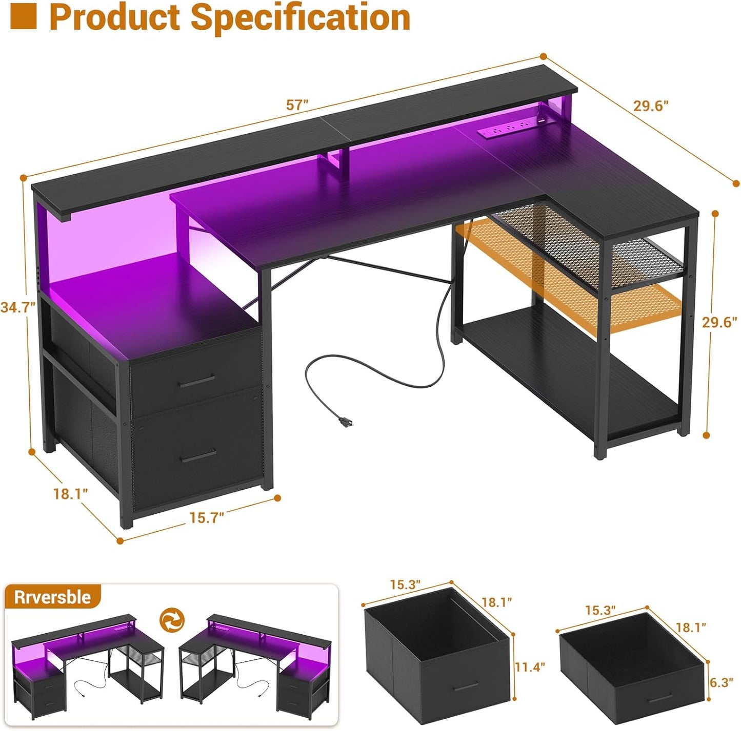 L Shaped Desk with File Drawer, Reversible L Shaped Computer Desk Gaming Desk with Power Outlet & LED Strip, Home Office Desk with Monitor Shelf, Corner Desk with Storage Shelves, Black