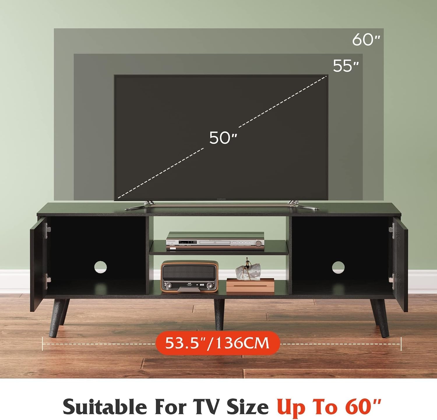 Mid-Century Modern TV Stand for 55 60 65 Inch TV, Entertainment Center with Storage & Adjustable Shelves, Media TV Console with Soft-Close Cabinets for Living Room Bedroom, Black
