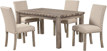 Farmhouse Dining Set for 4, 60" Rectangular Wooden Table & 4 Upholstered Chairs with Nailhead Accents, 5-Piece Kitchen Table Set for Dining Room, Breakfast Nook, Antique Rustic