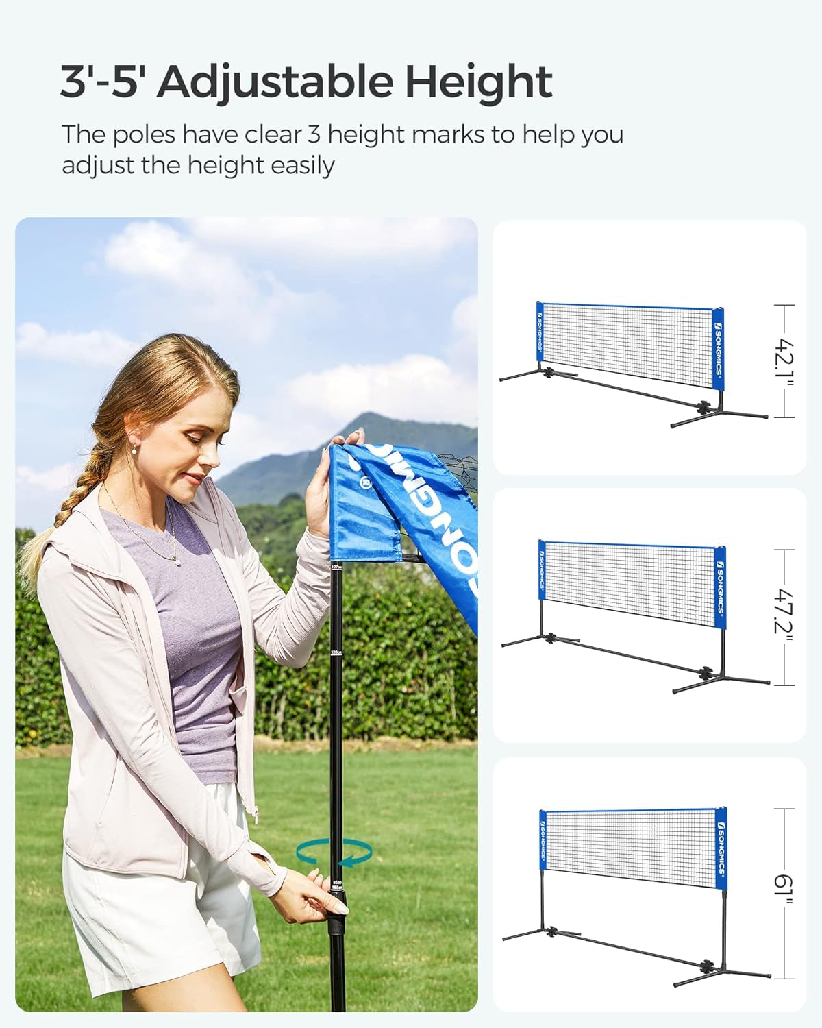 Badminton Net, Height Adjustable Volleyball Net, Pickleball Net for Junior Tennis, Kids, Indoor Outdoor Court, Foldable Nylon Net with Poles 10Ft/13Ft/16.5Ft Wide