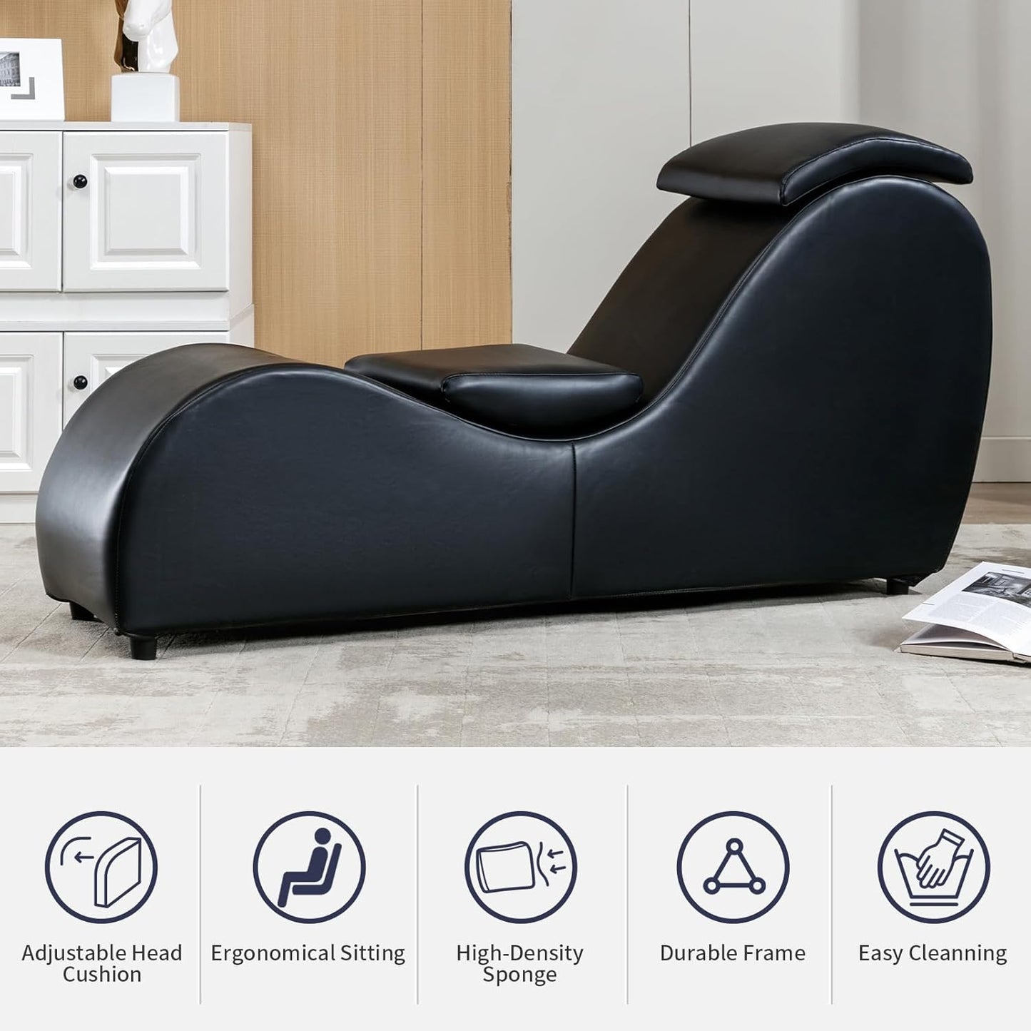 Modern Curved Chaise Lounge Chair for Stretching and Relaxation, Faux Leather Yoga Chair with Adjustable Cushion, Black