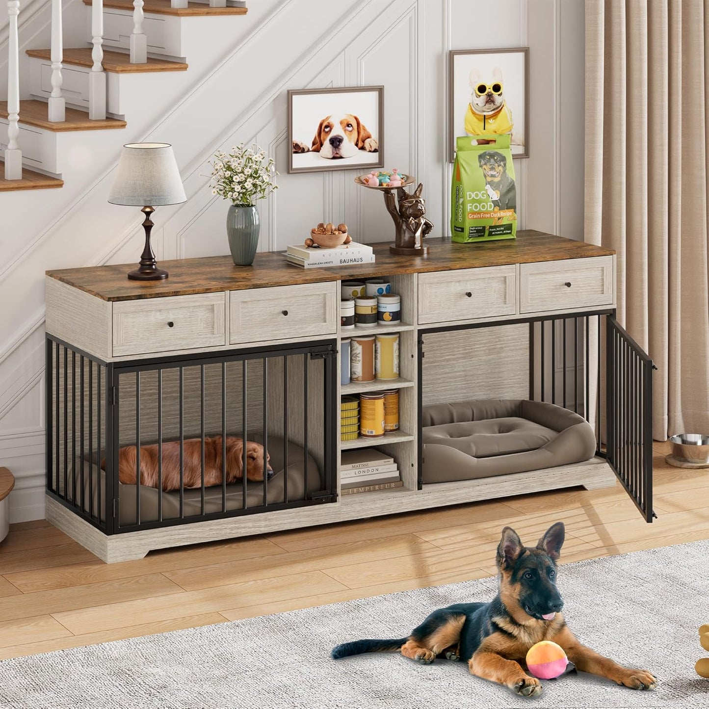 82” Large Dog Crate for 2 Dogs, Dog Kennel Indoor with 4 Drawers and Shelves, Double Dog Crate Furniture TV Stand, Wooden Dog Cage for Medium Large Dogs, Washed White