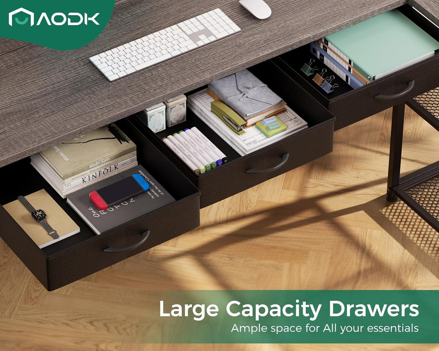 53 Inch L Shaped Computer Desk with Drawers, Corner Desk with Power Outlets & Reversible Storage Shelves, Movable CPU Stand for Home Office Gaming, Black