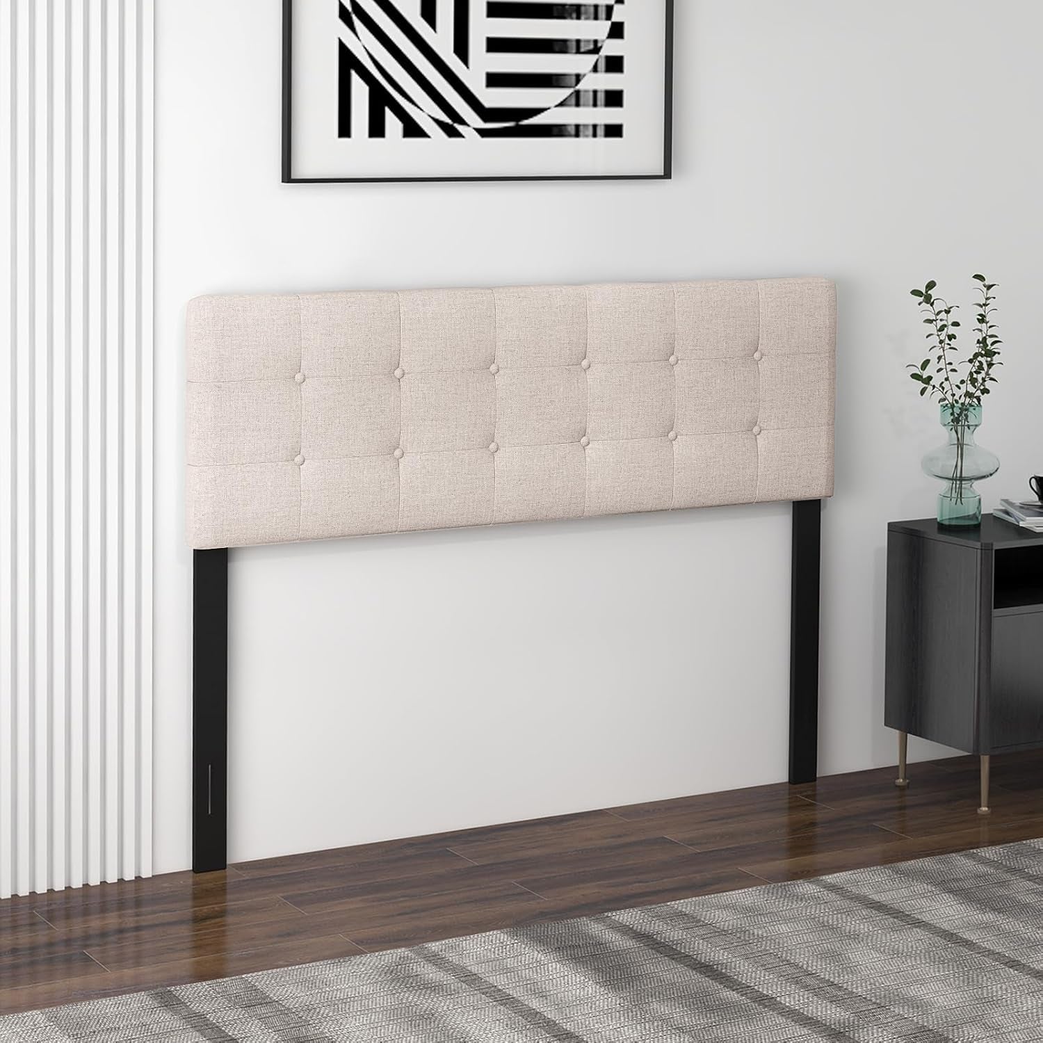 Linen Upholstered Headboard, Adjustable Width Button Tufted Headboard Only with Solid Wood Legs, Attach Frame, Modern Headboards for Queen Full Size Bed, Beige