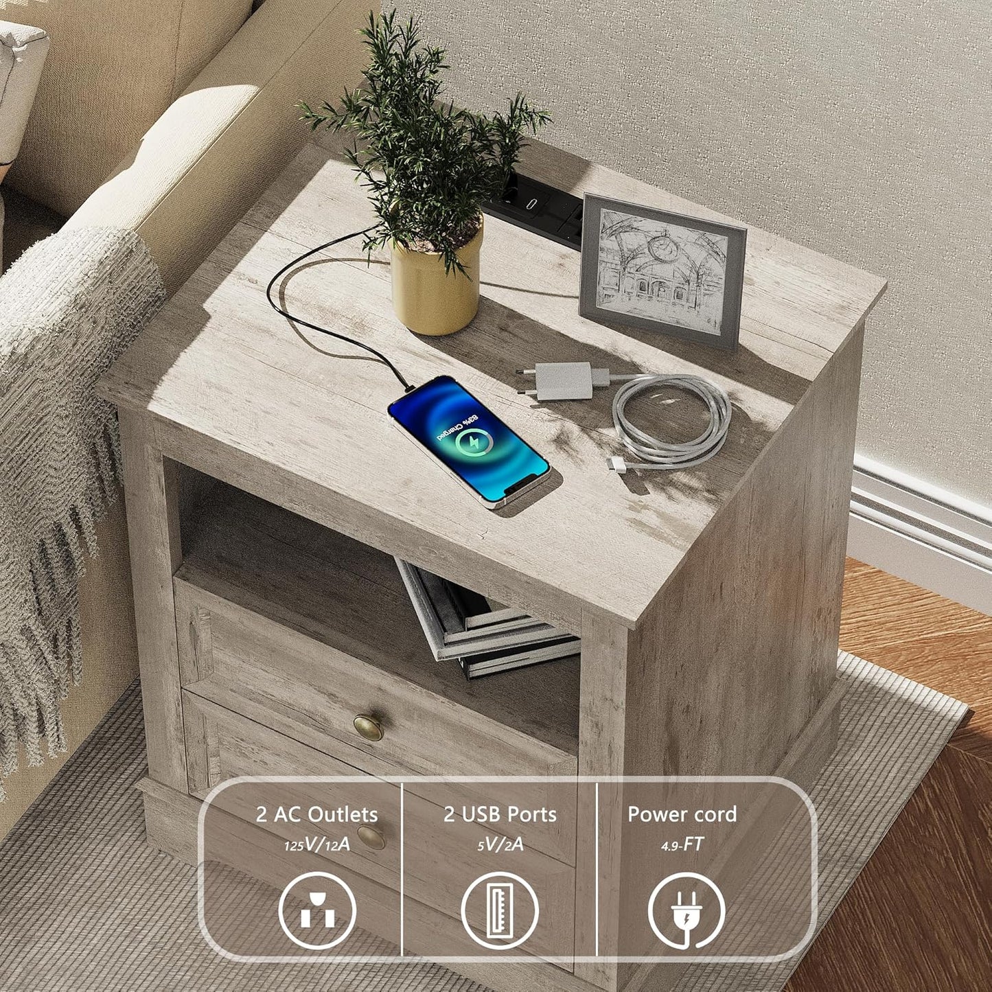 Dresser Bedroom Set of 4, 4 PCS Farmhouse Dressers Set, Included 53 Inch 9 Drawer Dresser, 5 Drawer Dresser and Nightstand Set of 2 with Charging Station,Bedroom Furniture Set (Gray)