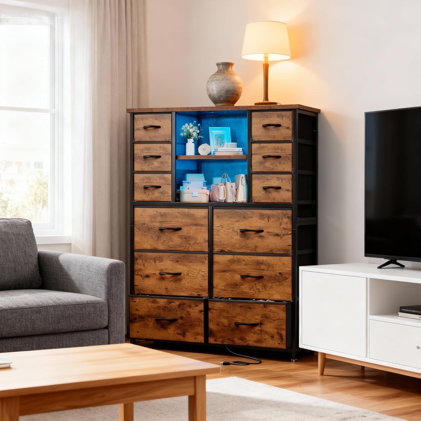 Dresser for Bedroom with Fabric Dresser, Charging Station & LED Light, Large Chest of Drawers for Living Room, Entryway, Metal Frame, Rustic Brown, 50.6" H X 37.8" W X 11.8" D