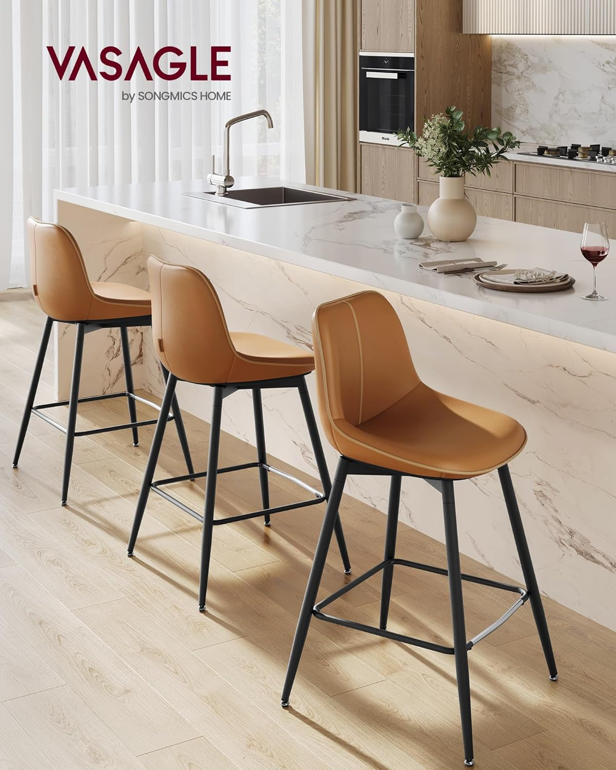Bar Stools Set of 2, Counter Height Bar Stools with Back, Ergonomic Backrest, Synthetic Leather, Metal Legs, 24.4-Inch Tall Barstools for Kitchen Island Home Bar, Easy Assembly, Caramel Brown