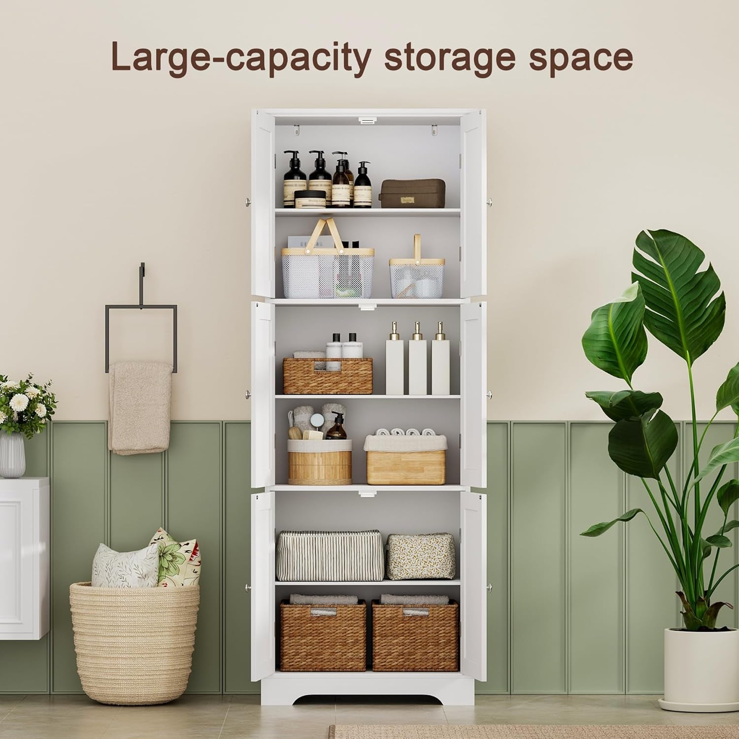Tall Bathroom Storage Cabinet with 6 Doors, Freestanding Floor Cabinet with Adjustable Shelves, White Pantry Cabinet for Bathroom, Kitchen, Laundry Room