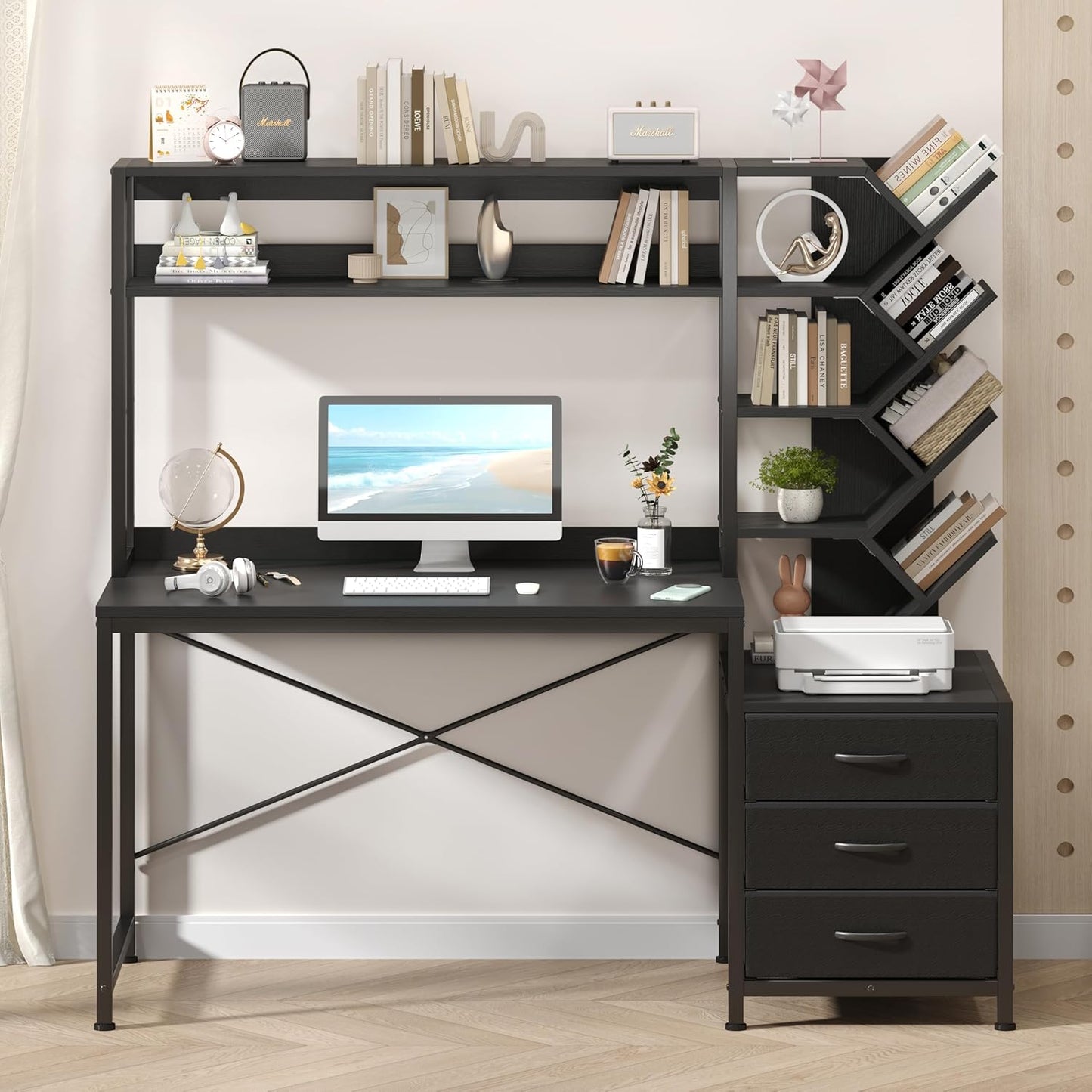 Reversible Computer Desk with Hutch, Home Office Desk with Drawers and Bookshelf, 52'' Study Writing Desk with Storage Shelves for Bedroom Home Office, Black