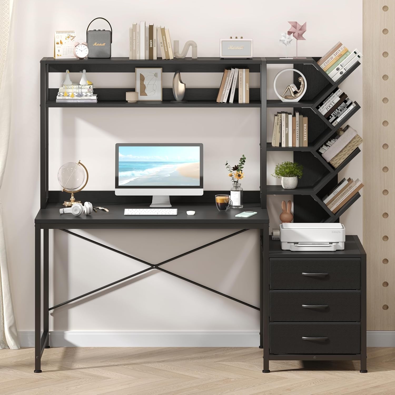 Reversible Computer Desk with Hutch, Home Office Desk with Drawers and Bookshelf, 52'' Study Writing Desk with Storage Shelves for Bedroom Home Office, Black